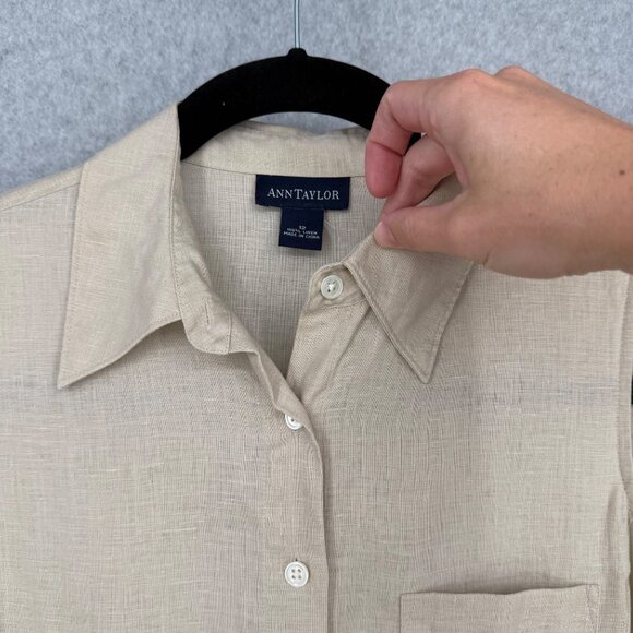 Ann Taylor Womens Linen Sleeveless Button Up Shirt Top Size 12 Tan Collared Chic - Picture 3 of 10